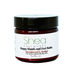 Happy Hands and Feet Balm Sandalwood and Amber- Shea BODYWORKS moisturizing foot balm for dry, cracked, rough and flaky skin on hands and feet